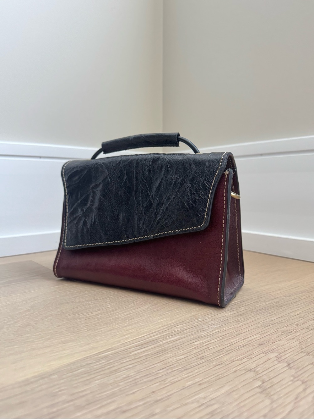 Two-Tone Leather Top-Handle Bag in Black and Deep Burgundy
